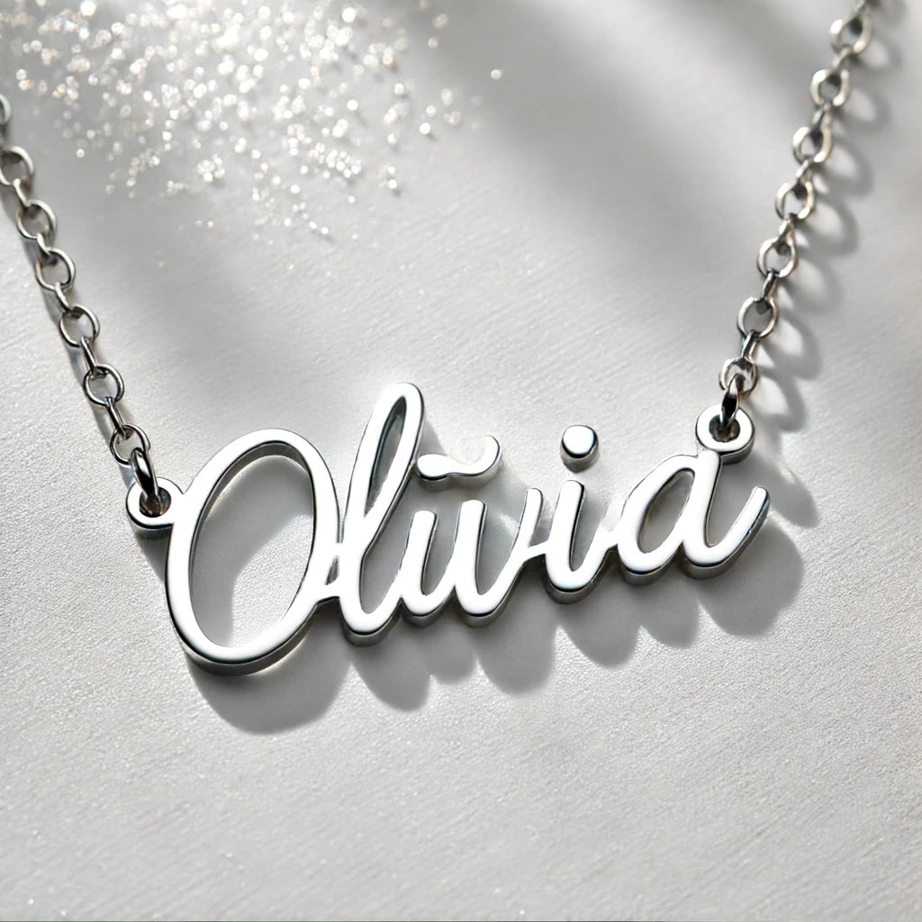 Customized Silver Necklace with Olivia in Elegant Font and Heart Acc La Voila Jewelery