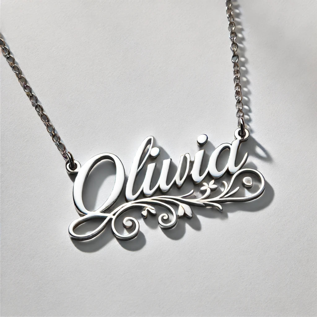 Customized Silver Necklace with 'Olivia' in Elegant Font and Heart Accents
