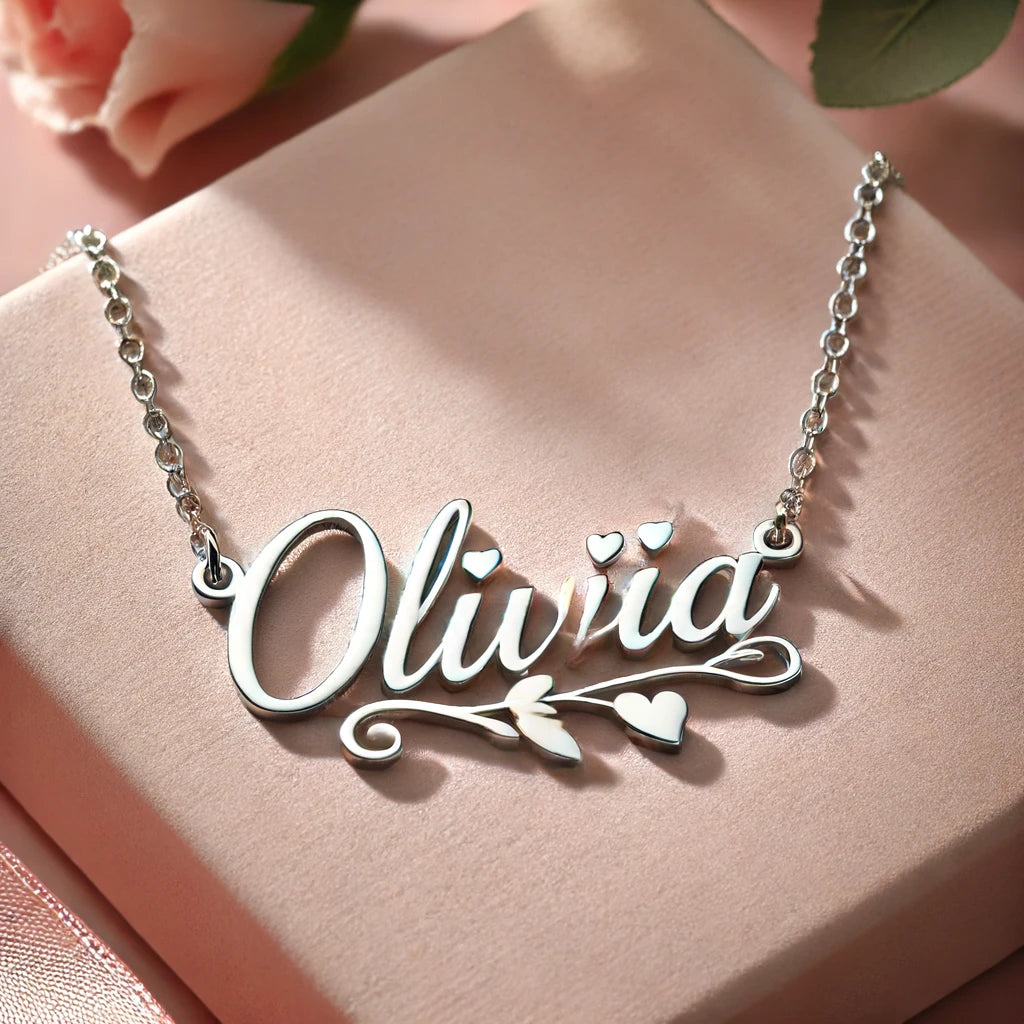 Customized Silver Necklace with 'Olivia' in Elegant Font and Heart Accents