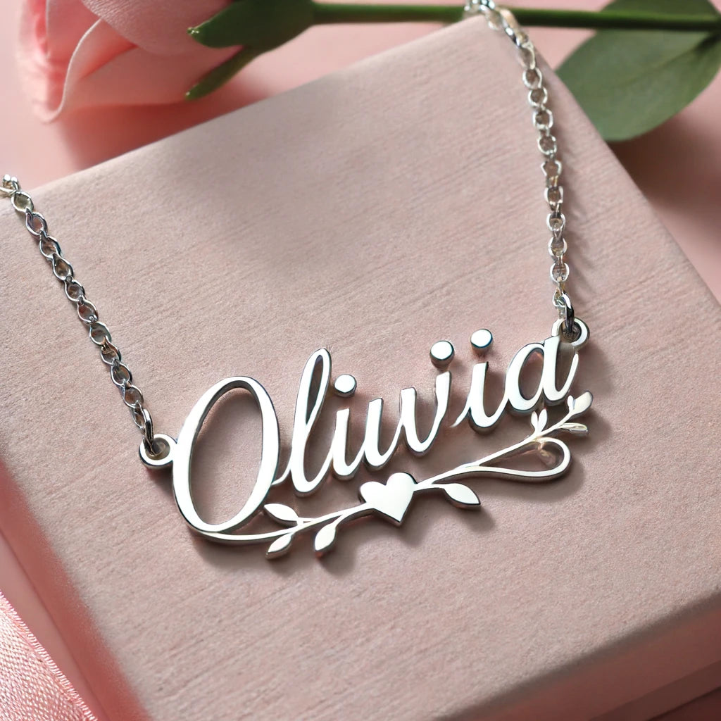 Customized Silver Necklace with 'Olivia' in Elegant Font and Heart Accents