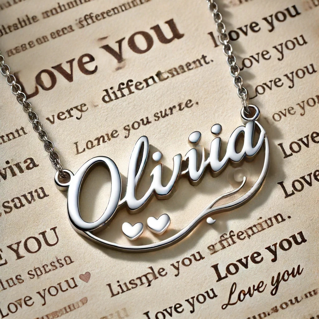 Customized Silver Necklace with 'Olivia' in Elegant Font and Heart Accents