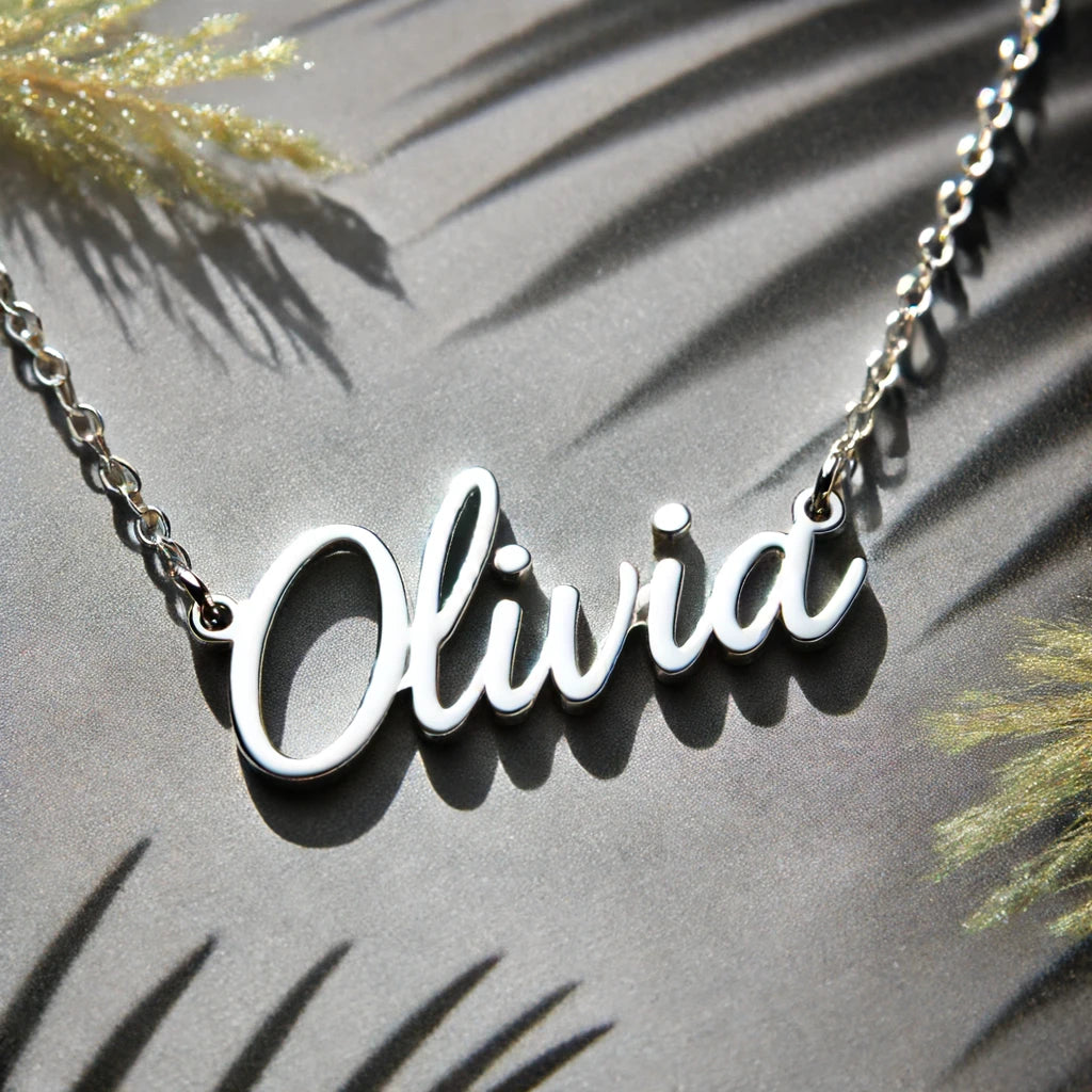 Customized Silver Necklace with 'Olivia' in Elegant Font and Heart Accents